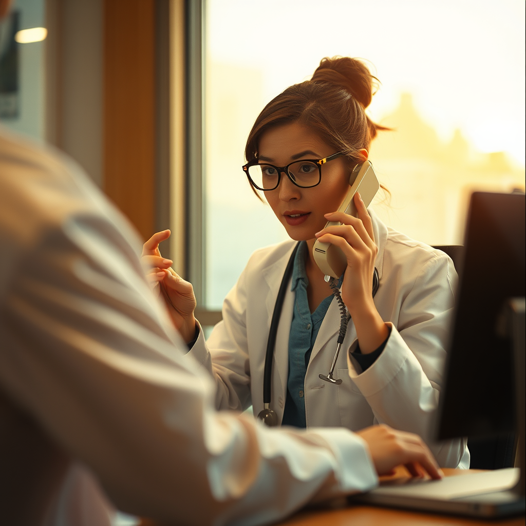 une personne qui prend rendez-vous médical par téléphone, avec des éléments visuels en français (comme un écran montrant rendez-vous, ou des papiers en français)